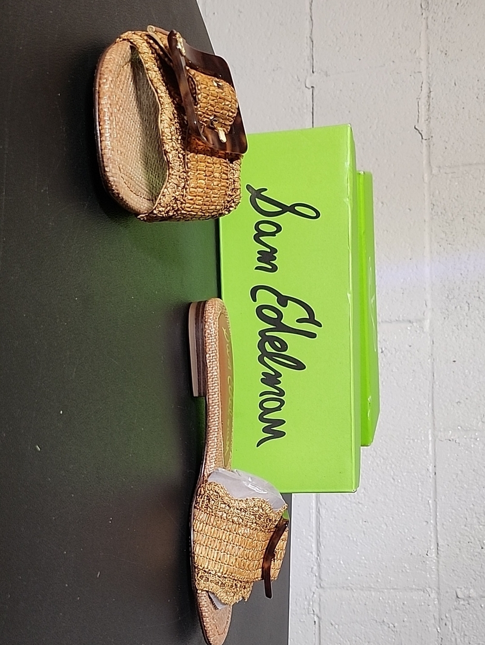 Sam Edelman Bambi Cuoio Raffia Slide Sandals with Tortoiseshell Buckles